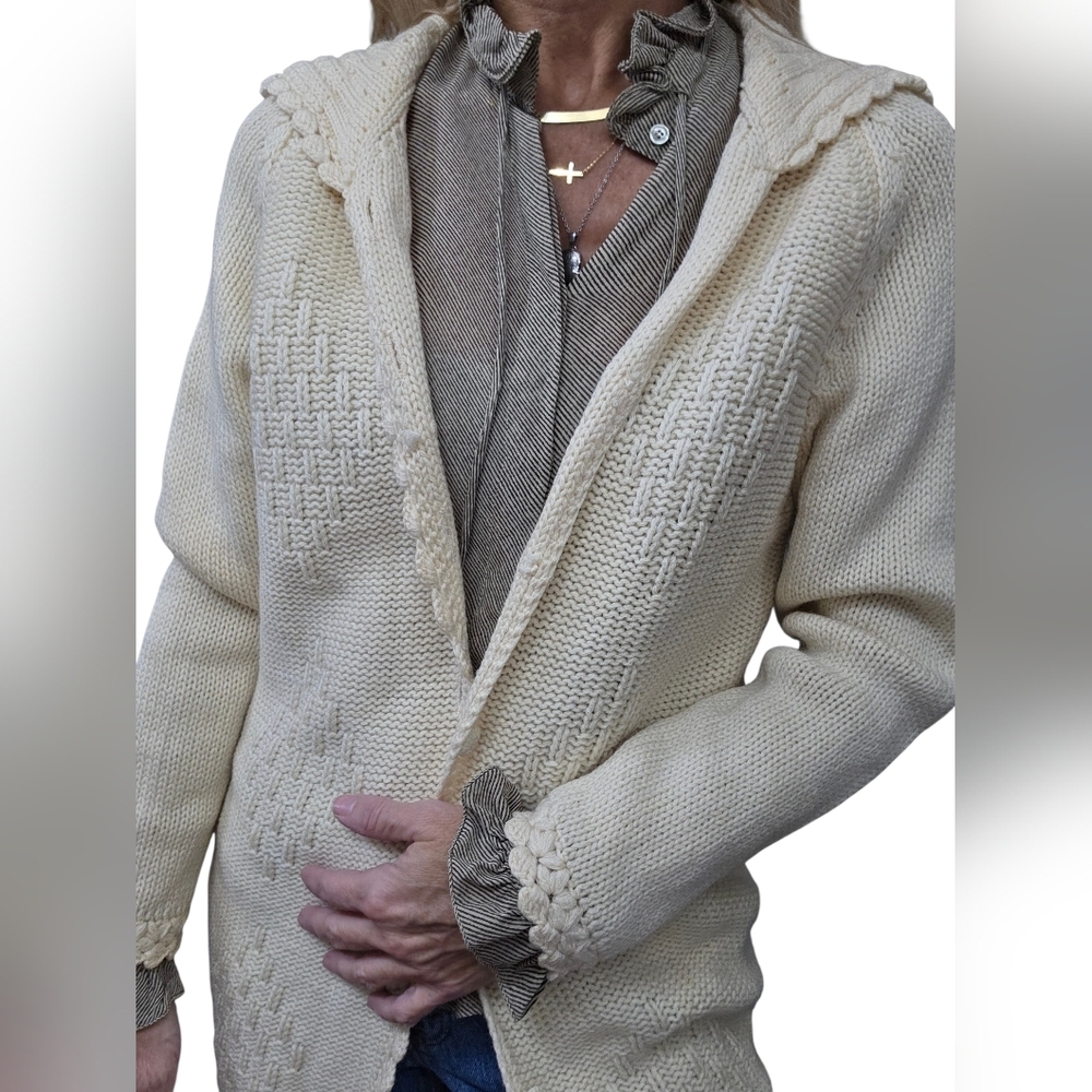 Vintage 100% Wool Cable Knit Cardigan Cream Chunky Grandpa Sweater